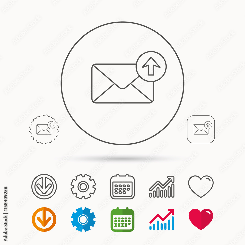Poster mail outbox icon. email message sign. upload arrow symbol. calendar, graph chart and cogwheel signs.