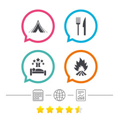 Food, sleep, camping tent and fire signs.