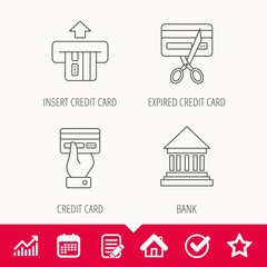 Bank credit card, expired card icons. Give credit card linear sign. Edit document, Calendar and Graph chart signs. Star, Check and House web icons. Vector