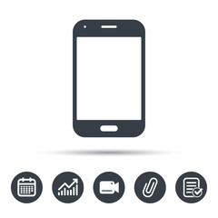 Smartphone icon. Mobile phone communication symbol. Calendar, chart and checklist signs. Video camera and attach clip web icons. Vector