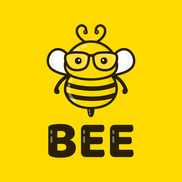 Fun cute smart bee in glasses. Vector modern style flat line  character cartoon illustration icon logo template design. Isolated on yellow background. Kid, children concept