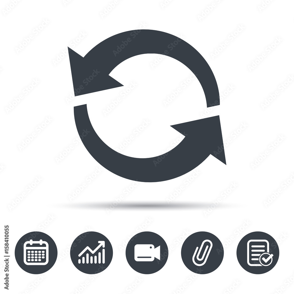 Poster update icon. refresh or repeat symbol. calendar, chart and checklist signs. video camera and attach 