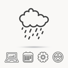 Rain icon. Water drops and cloud sign. Rainy overcast day symbol. Notebook, Calendar and Cogwheel signs. Download arrow web icon. Vector