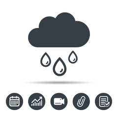 Cloud with rain drops icon. Rainy day symbol. Calendar, chart and checklist signs. Video camera and attach clip web icons. Vector