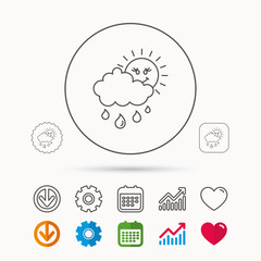 Rain and sun icon. Water drops and cloud sign. Rainy overcast day symbol. Calendar, Graph chart and Cogwheel signs. Download and Heart love linear web icons. Vector