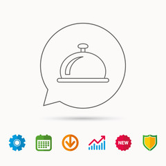 Reception bell icon. Hotel service sign. Calendar, Graph chart and Cogwheel signs. Download and Shield web icons. Vector