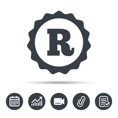 Registered trademark icon. Intellectual work protection symbol. Calendar, chart and checklist signs. Video camera and attach clip web icons. Vector