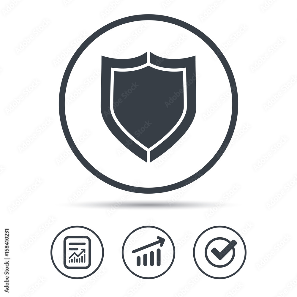 Poster shield protection icon. defense equipment symbol. report document, graph chart and check signs. circ