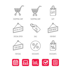 Shopping cart, gift bag and sale coupon icons. Special offer label linear signs. Discount icon. Report document, Graph chart and Calendar signs. Laptop and Check web icons. Vector