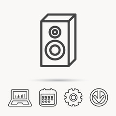 Sound icon. Musical speaker sign. Notebook, Calendar and Cogwheel signs. Download arrow web icon. Vector