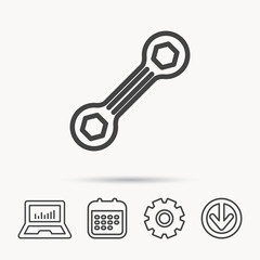Spanner tool icon. Repairing service sign. Notebook, Calendar and Cogwheel signs. Download arrow web icon. Vector