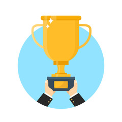 Hand with gold trophy cup. Vector flat modern style illustration icon design. Isolated on white background. Award business concept