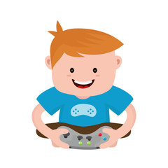 Cheerful happy boy young man hold joystick plays video game. Vector flat modern style illustration character icon design. Isolated on white background.  Gamer concept © svtdesign