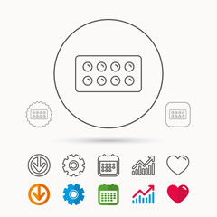 Tablets icon. Medical pills sign. Painkiller drugs symbol. Calendar, Graph chart and Cogwheel signs. Download and Heart love linear web icons. Vector