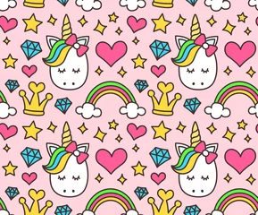 Wall murals Unicorn Cute unicorn, princess concept, girl beauty seamless pattern isolated on pink background. Vector cartoon design. Magic, fairy tale, heart, rainbow, crown, stars, diamond