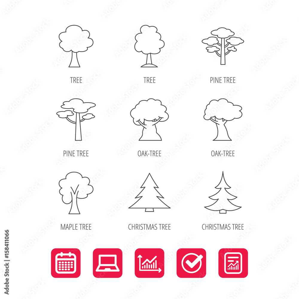 Poster pine tree, maple and oak icons. christmas trees linear signs. forest trees flat line icons. report d