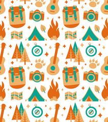 Hipster nature travel adventure seamless pattern. Vector flat style modern illustration icon. ukulele, camping backpack. tent. forest. compass. camera. bonfire. isolated, map. stars.white.orange.green