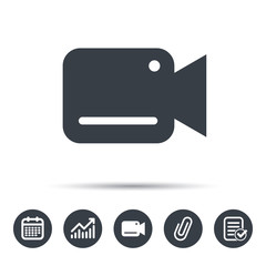 Video camera icon. Film recording cam symbol. Security monitoring. Calendar, chart and checklist signs. Video camera and attach clip web icons. Vector