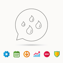 Water drops icon. Rain or washing sign. Rainy day symbol. Calendar, Graph chart and Cogwheel signs. Download and Shield web icons. Vector