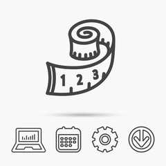 Measuring tape icon. Weight loss sign. Notebook, Calendar and Cogwheel signs. Download arrow web icon. Vector