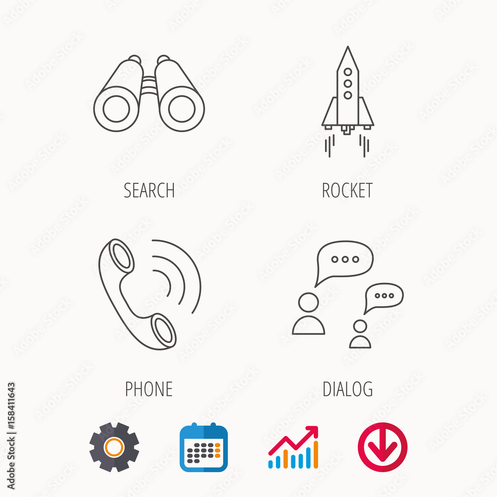Poster phone call, chat speech bubble and binoculars icons. rocket linear sign. calendar, graph chart and c