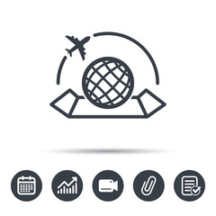 World map icon. Globe with airplane sign. Plane travel symbol. Calendar, chart and checklist signs. Video camera and attach clip web icons. Vector