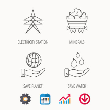 Save water, planet and electricity station icons. Minerals linear sign. Calendar, Graph chart and Cogwheel signs. Download colored web icon. Vector
