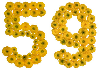 Arabic numeral 59, fifty nine, from yellow flowers of buttercup, isolated on white background