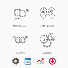 Gay, lesbian love and game joystick icons. Male, female linear sign. Calendar, Graph chart and Cogwheel signs. Download colored web icon. Vector