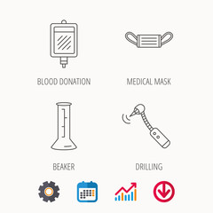 Medical mask, blood and drilling tool icons. Beaker linear sign. Calendar, Graph chart and Cogwheel signs. Download colored web icon. Vector