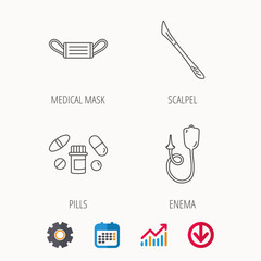 Medical mask, pills and scalpel icons. Enema linear sign. Calendar, Graph chart and Cogwheel signs. Download colored web icon. Vector