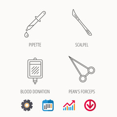 Blood donation, scalpel and pipette icons. Peans forceps linear sign. Calendar, Graph chart and Cogwheel signs. Download colored web icon. Vector