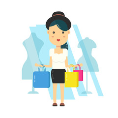 young hipster girl, woman in hat shopping new clothing with bags in the city. Vector flat cartoon character icon design illustration. Isolated on white background