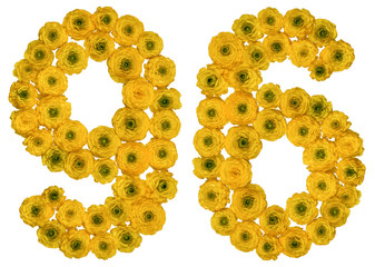 Arabic numeral 96, ninety six, from yellow flowers of buttercup, isolated on white background