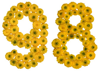 Arabic numeral 98, ninety eight, from yellow flowers of buttercup, isolated on white background