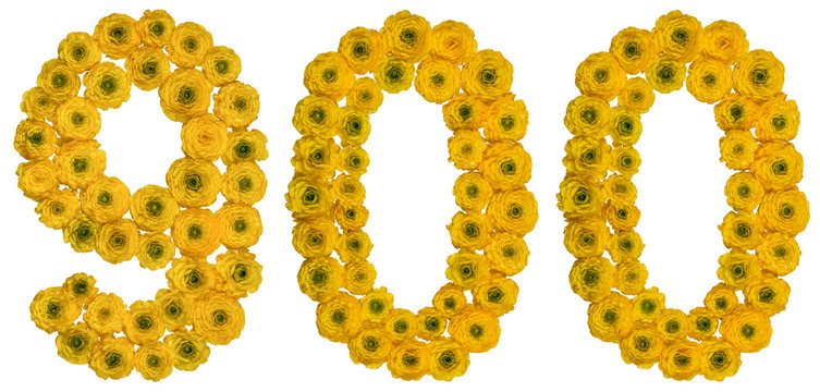 Arabic numeral 900, nine hundred, from yellow flowers of buttercup, isolated on white background