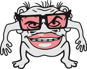 sonnenbrille hornbrille nerd geek hässlich zahnspange monster klein frech böse horror comic cartoon