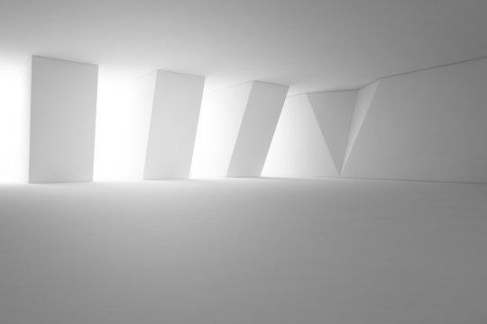 Abstract interior design of modern showroom with empty floor and white wall background - 3d rendering