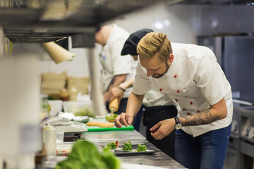 male cooks preparing meals in restaurant kitchen