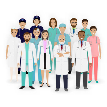 Doctors, nurses and paramedics characters icons. Group of medical staff. Hospital team. Medicine banner.