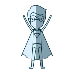 blue shading silhouette of standing faceless young superhero with arms up vector illustration