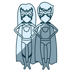 blue shading silhouette of faceless couple of superheroes flying with hands in your waist vector illustration