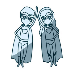 blue shading silhouette of faceless couple of superheroes flying and holding hands vector illustration