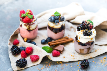 Sweet dessert in glass with biscuit,berry fruit and whipped cream