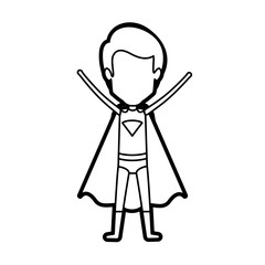 monochrome thick contour of standing faceless guy superhero with arms up vector illustration