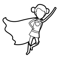 monochrome thick contour of standing faceless superhero female with collected hair flying in diagonal direction vector illustration