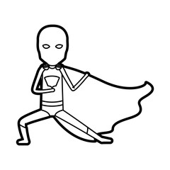 monochrome thick contour of standing faceless kid superhero in defensive pose vector illustration
