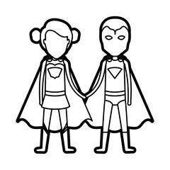 monochrome thick contour of faceless duo of superheroes united of the hands and her with collected hair vector illustration