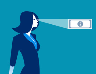 Businesswoman looking money in ones future. Concept business vector illustration.