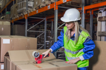 Female warehouse worker packing boxes in storehouse